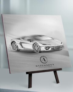 Handgezeichnete und digital bearbeitete Automobilillustration des Temerario Weiterentwicklung des Huracán und als erster V8-Hybrid-Supersportwagen von Lamborghini, erstellt von Illustratorin und Künstlerin Anna Kazennova Travelfashionartist für die Temerario Static Launch by Penske Sportwagen Hamburg in der Dressurhalle Hamburg. Die Illustration vereint klassische Zeichenkunst mit moderner digitaler Technik, hebt Dynamik, Eleganz und Stil des Supersportwagens hervor und richtet sich an Premium-Kunden, Sammler und Liebhaber exklusiver Fahrzeugkunst.