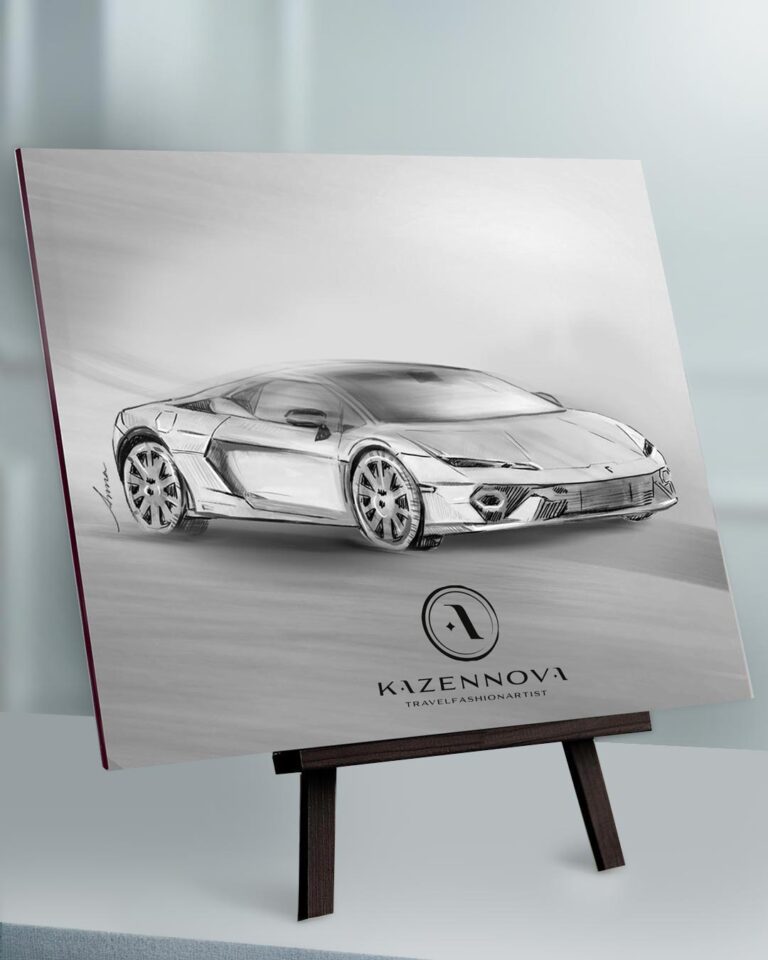 Handgezeichnete und digital bearbeitete Automobilillustration des Temerario Weiterentwicklung des Huracán und als erster V8-Hybrid-Supersportwagen von Lamborghini, erstellt von Illustratorin und Künstlerin Anna Kazennova Travelfashionartist für die Temerario Static Launch by Penske Sportwagen Hamburg in der Dressurhalle Hamburg. Die Illustration vereint klassische Zeichenkunst mit moderner digitaler Technik, hebt Dynamik, Eleganz und Stil des Supersportwagens hervor und richtet sich an Premium-Kunden, Sammler und Liebhaber exklusiver Fahrzeugkunst.