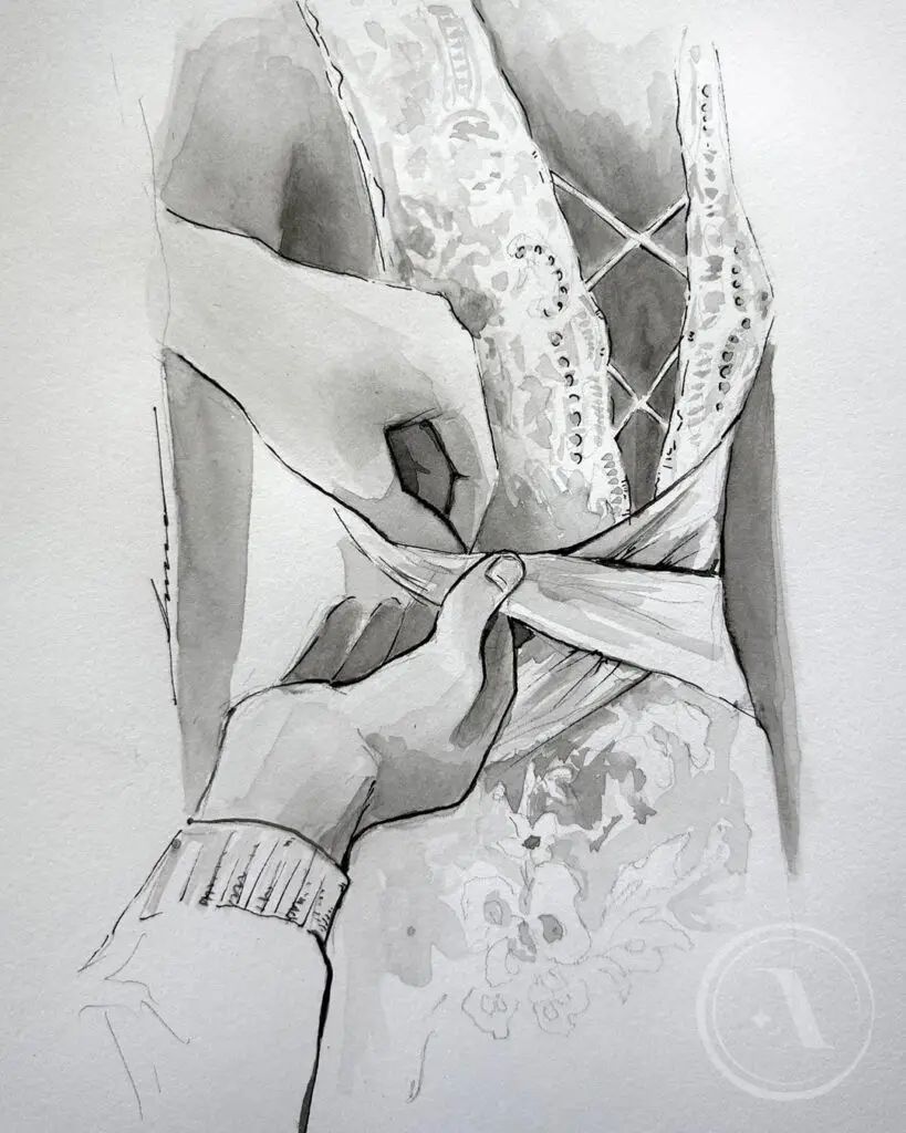 Schwarz-weiß Fashion-Illustration von Anna Kazennova Travelfashionartist, die die detailreiche Anfertigung eines Hochzeitskleids aus weißer Spitze zeigt, mit filigranen Mustern und elegantem Seidenüberschlag. Die Live-Skizze fängt den kreativen Entstehungsprozess ein und richtet sich an Brautpaare, Hochzeitsmagazine, Wedding-Planner und Besucher von Hochzeitsmessen in Städten wie München, Sylt, Baden-Baden, Hamburg, Düsseldorf, Berlin, Kitzbühel, Wien, Salzburg, Zürich, Genf und St. Moritz, die hochwertige Schwarz-Weiß-Fashion-Illustrationen, Live-Skizzen und exklusive Hochzeitskunstwerke suchen.