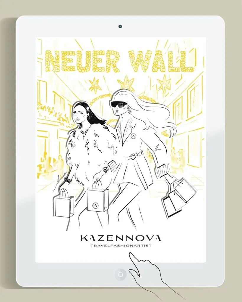 Diese digitale Fashion-Illustration zeigt den Neuer Wall in Hamburg mit stilvollen Figuren, die Einkaufstüten tragen. Die Szene verbindet elegante Linien, elegante Farben und luxuriöse Ästhetik. Ideal für Mode-, Lifestyle- und Premium-Marken, die exklusive Illustrationen für digitale Inhalte oder Social Media suchen von Anna Kazennova Travelfashionartist
