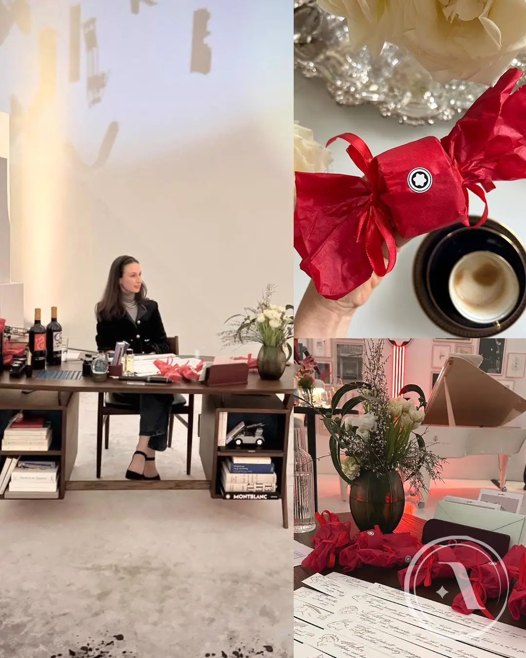 Die Hamburger Künstlerin Anna Kazennova (travelfashionartist), Live-Illustratorin und Kalligrafin, sitzt hinter einem Tisch, auf dem sorgfältig gestaltete Zodiakkarten ausliegen. In ihrer Hand hält sie eine rote Verpackung mit rotem Seidenpapier, das das Montblanc-Logo trägt. Der Moment zeigt Anna Kazennova Live-Kalligrafie und Event-Illustrationen, die als besondere, handgefertigte Geschenke für die Gäste des Neujahrsempfangs 2026 bereitliegen.