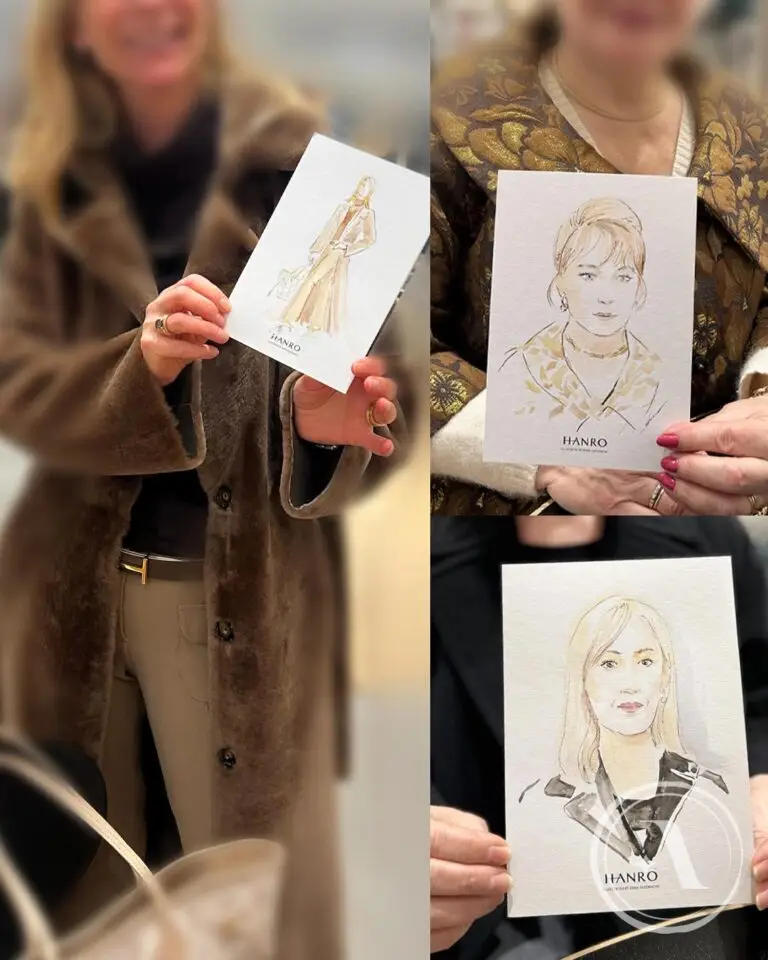 Live Illustratorin Anna Kazennova travelfashionartist erstellt individuelle Modeillustrationen und Porträts, die Gäste beim Fashion Event Frühling/Sommer 2026 bei Mode Reischmann in Ulm präsentieren – Live Illustration für Events