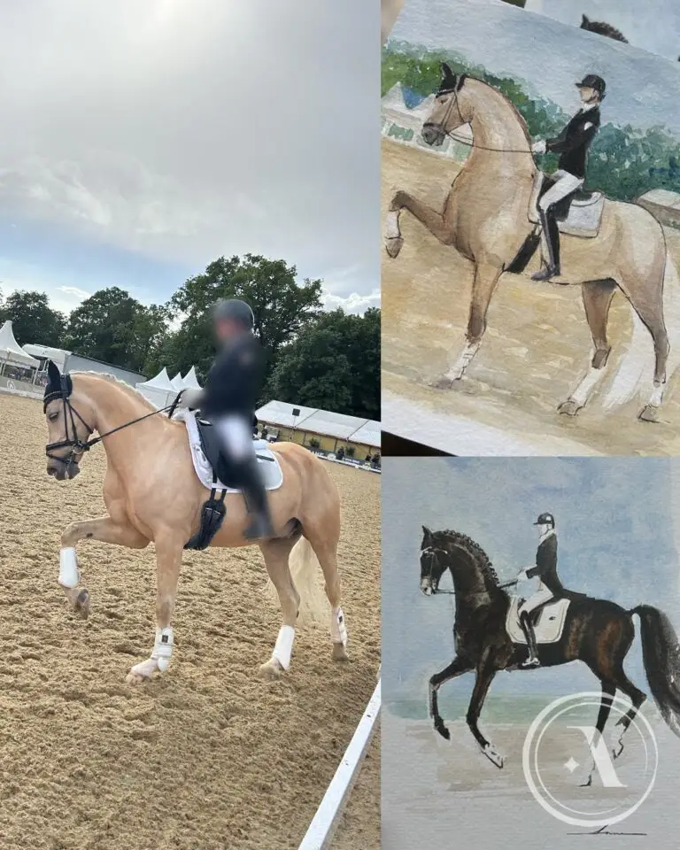 Reiter in Dressurkleidung auf hellbraunem Pferd auf einem Sandplatz beim Hamburg Derby 2026, daneben zwei Aquarell-Skizzen von Dressurreitern auf Pferden von Anna Kazennova travelfashionartist