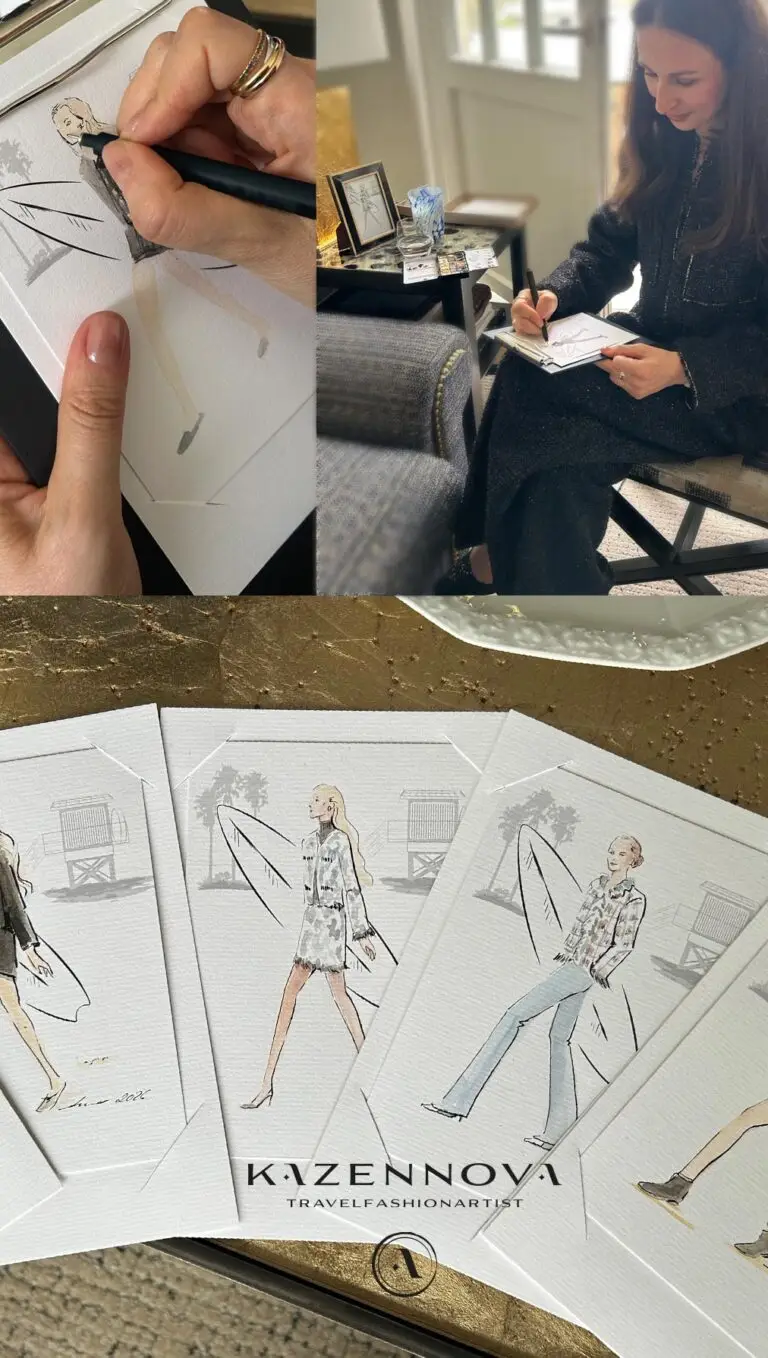Live-Illustratorin Anna Kazennova zeichnet während eines exklusiven Events ein individuelles Gäste-Porträt als stilisierte Szene mit Strand, Surfbrett und Palmen im Hintergrund.