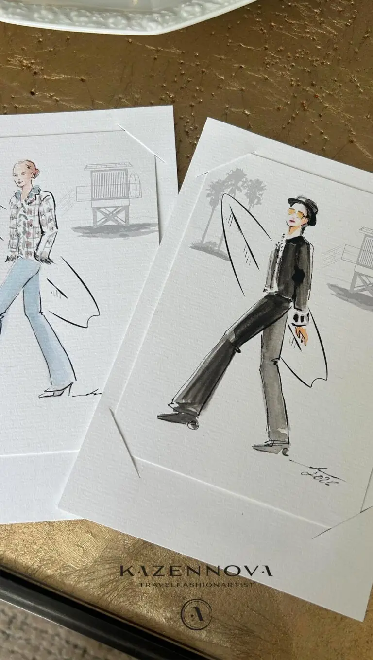 Live-Illustration eines Gäste-Porträts bei einer exklusiven Brand Activation in Hamburg. Die Illustration zeigt eine stilisierte Szene mit Strand, Palmen und Surfbrett und wurde direkt vor Ort während des Events erstellt.