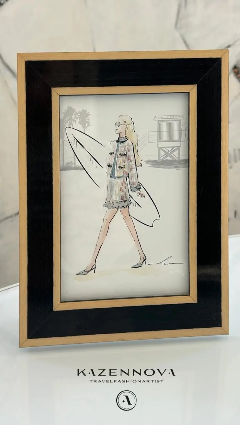 Watercolor illustration: Sketch einer blonden Frau, elegant gekleidet in einem Tweed-Kostüm, am Strand mit Surfbrett.